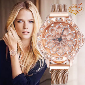 VOHE Luxury Rose Gold Watch Women Special Design 360 Degrees Rotation Diamond Dial Watches Mesh Magnet Starry Sky Ladies Watch