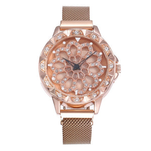 VOHE Luxury Rose Gold Watch Women Special Design 360 Degrees Rotation Diamond Dial Watches Mesh Magnet Starry Sky Ladies Watch